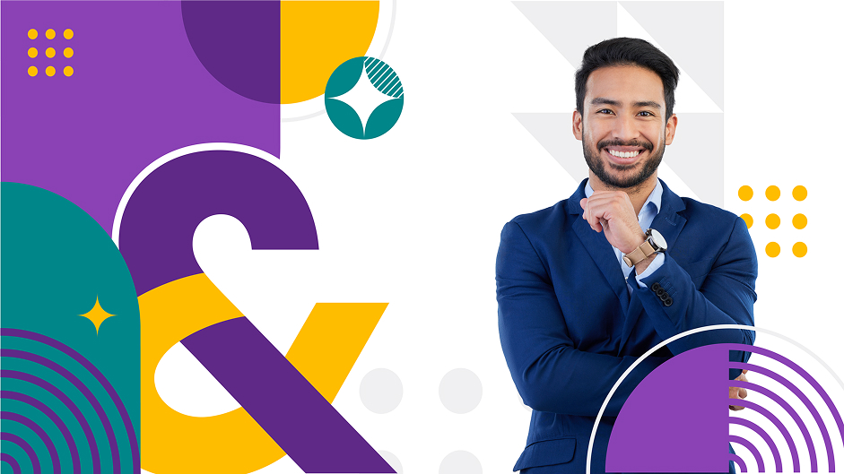 A young man professionally dressed with several F&G-branded symbols and ampersand surrounding him